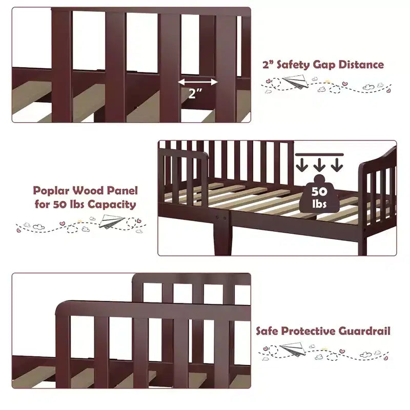 Lit enfant en bois pour tout-petits avec barrières de sécurité, noir/marron/gris/blanc