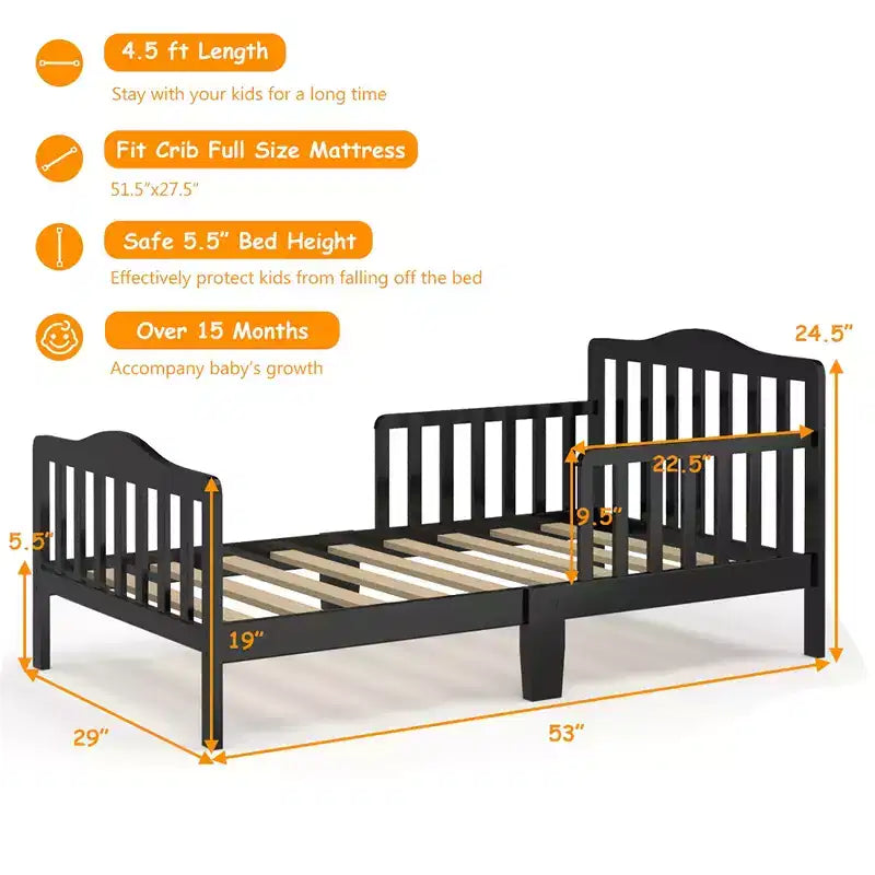 Lit enfant en bois pour tout-petits avec barrières de sécurité, noir/marron/gris/blanc
