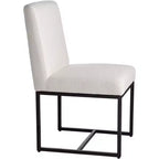 Chaise de salle à manger avec dossier haut en tissu blanc cassé et métal noir